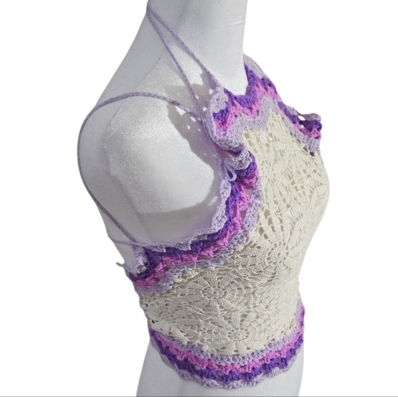 Handmade White Crochet Halter Crop-Top Floral Hand Knit Triangular Shape Purple - Picture 6 of 17